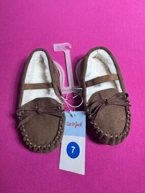 George Moccasin Slippers Brown Suede Faux Fur Lined Cozy Toddler Size 7